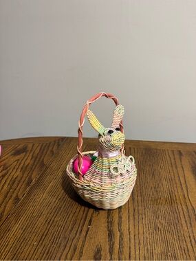 Woven Pastel Bunny Basket with pink, green, yellow & lavender eggs Easter decor